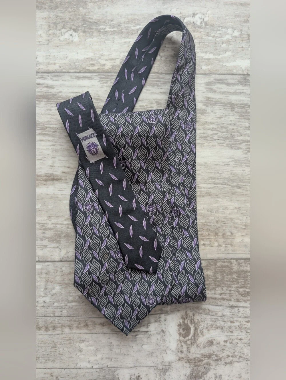 Versace Black & Purple Leaf Motif Silk Tie